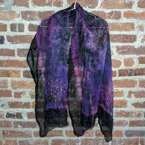 Unbranded Black & Purple Sheer Handmade Night Sky Scarf w/‎ Hand Painted Suns